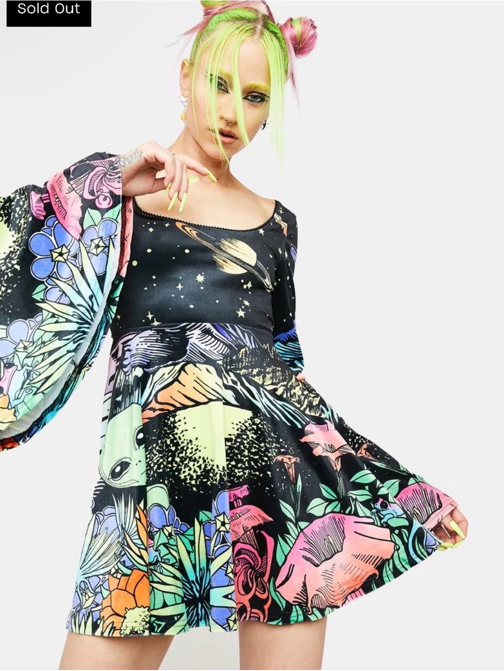 NWT Dolls Kill SOLD OUT Black Cosmic Mini Dress with Multi-Color Floral Artwork